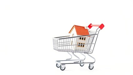 Miniature house model in a shopping cart, symbolizing the concept of home buying.