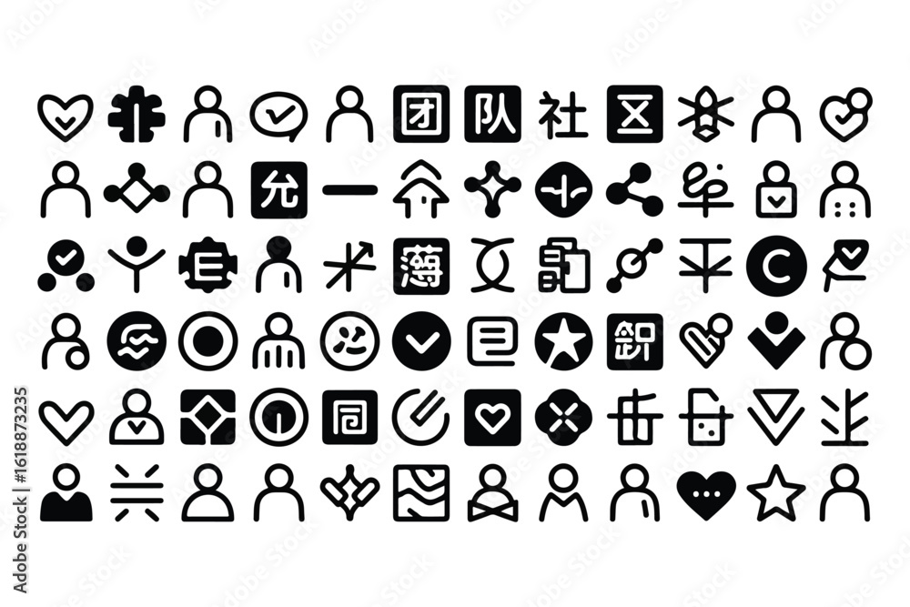 Poster a grid of diverse hand drawn icons featuring people hearts checks and abstract symbols representing 