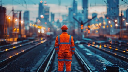 A Construction Worker is on Railroad Tracks at Sunset in an Urban Setting, highlighting the vibrant atmosphere