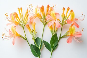 A grouping of bright wild honeysuckle flowers, isolated against a clear background