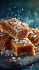 Delicious caramel squares topped with sea salt resting on a dark stone surface in a softly lit setting