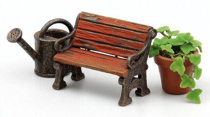 Miniature Bench, Watering Can, And Plant