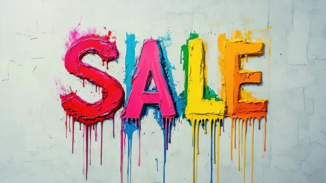 Colorful paint splash sale animation on white background with dripping effects