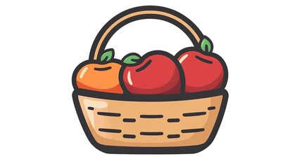 A single vector icon of an apple basket, bold black outline, flat colors, no gradient, simple and modern style, white background, high contrast 