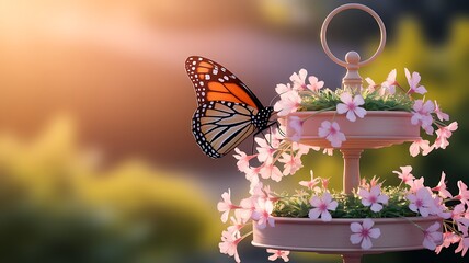 A Monarch Butterfly Gracefully Perched on Delicate Pink Flowers