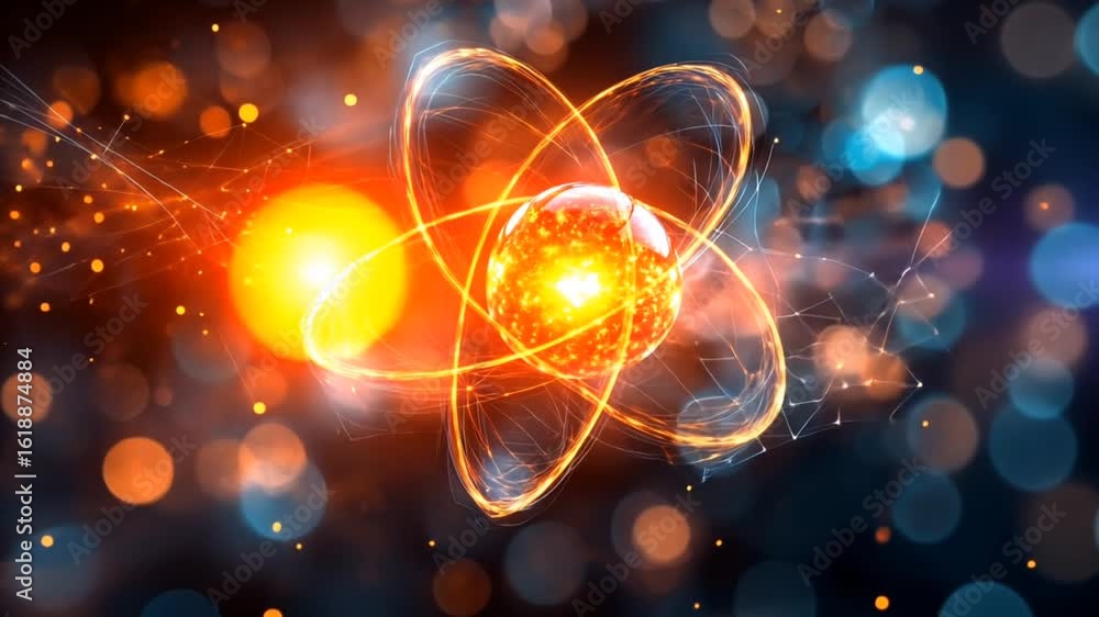 Poster luminous atom model with glowing nucleus and orbiting electrons against bokeh background