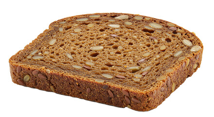 A single slice of multigrain bread with visible seeds and a dark crust on a black background on transparent background