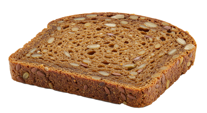 A single slice of multigrain bread with visible seeds and a dark crust on a black background on transparent background