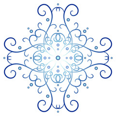 Ornate square blue mandala. Curved intertwined lines and curls. Winter design element of curved lines. Luxury kaleidoscope Christmas decor. Snowflake vector illustration in shades of blue.
