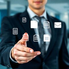 A businessman interacts with digital file icons, symbolizing efficient document management and corporate technology solutions