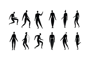 Fototapeta premium Collection of stylized silhouette figures in dynamic poses demonstrating movement and human form against a white background