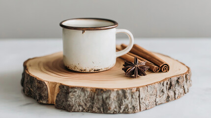 Coffee Mug With Spices On Wood