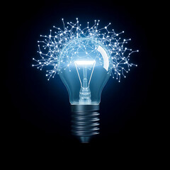 A glowing lightbulb surrounded by a network of connections symbolizes innovative technology and bright ideas on a dark background