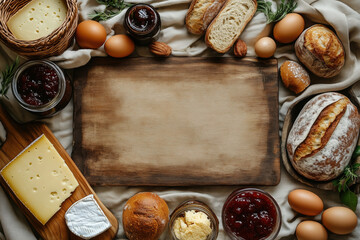 Top view of a cozy rustic breakfast scene with fresh bread, cheese, homemade jam jars, and eggs in a basket arranged around a wooden cutting board in the center.