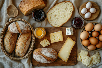 Top view of a cozy rustic breakfast with fresh bread, cheese, jam jars, and eggs in a basket on a wooden cutting board, set on a light linen fabric background.