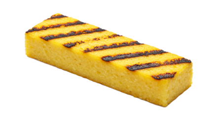 A single rectangular piece of grilled polenta with dark grill marks on a black background on transparent background