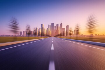 A Scenic Highway Leading to a Vibrant Modern Metropolis at Sunset