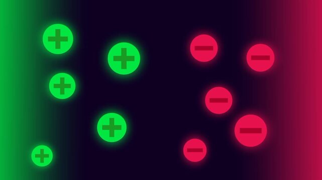 Positive and negative charges move dynamically across a dark field, demonstrating basic electric principles and atomic behavior