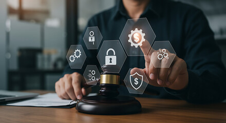 A businessman is touching digital icons above a gavel, representing legal technology, cybersecurity, and financial security