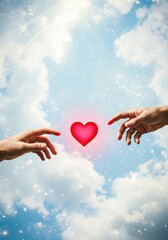 Two hands reaching for a glowing heart against a bright, cloudy sky.