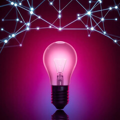 A pink lightbulb glows beneath a network of connections, symbolizing bright ideas and innovative technological solutions