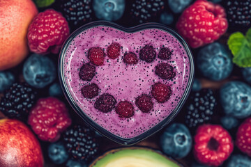Top view of a heart-shaped glass filled with purple smoothie and raspberries inside, surrounded by scattered berries in the background.