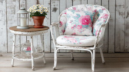 Vintage Chair, Table, and Flower Arrangement