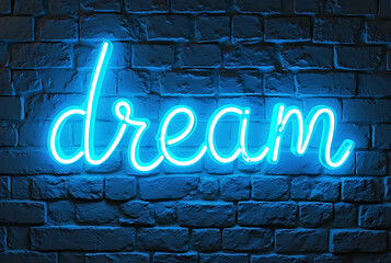 Bright blue neon dream sign on a textured brick wall
