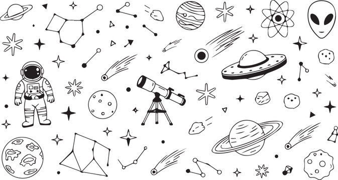 Black and white doodle pattern with astronaut planets stars and space themed objects on a white background