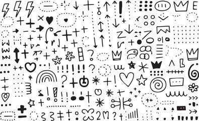 Hand drawn doodle elements on yellow background featuring arrows hearts and geometric shapes scattered