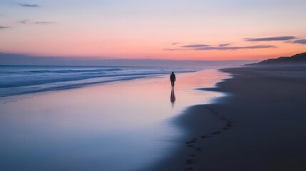 Fototapeta premium A solitary walker on a calm beach at sunset, with gentle waves and soft colors creating a serene atmosphere and peaceful vibes.