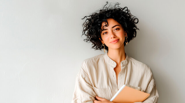 Confident young woman with curly hair holding a notebook and pen while smiling against a neutral background