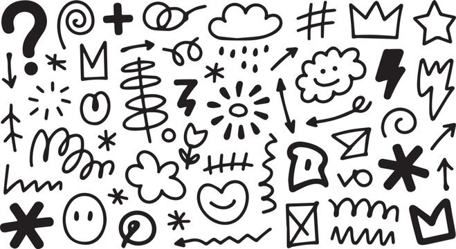 A collection of hand drawn doodle elements including arrows stars clouds and other abstract shapes