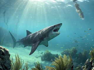 Fototapeta premium Majestic great white shark swims through sunlit ocean water with open jaws