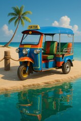 Colorful tuk-tuk parked near a tropical beach with palm trees and turquoise water under a sunny sky.

