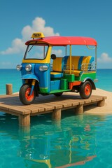 Colorful tuk-tuk parked near a tropical beach with palm trees and turquoise water under a sunny sky.

