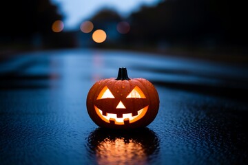 A Glowing Jack-o'-lantern on a Rainy Halloween Night