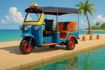 Colorful tuk-tuk parked near a tropical beach with palm trees and turquoise water under a sunny sky.

