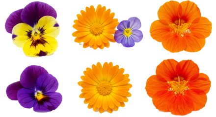 A collection of six isolated flower heads featuring pansies calendula and nasturtium on black background on transparent background