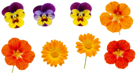 Assorted flowers including pansies and calendula arranged on a black background in a grid layout on transparent background