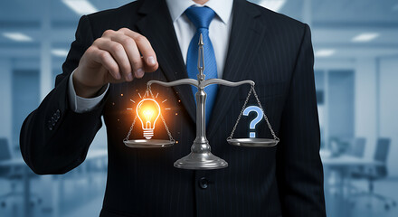 A businessman holds scales balancing a bright lightbulb representing an idea against a question mark, symbolizing the decisionmaking process between innovation and uncertainty