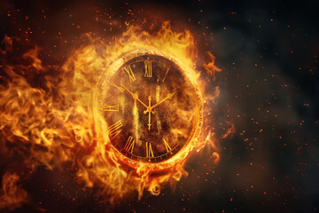 Obraz premium Burning Clock Symbolizing End of Time, Fiery Clock Exploding with Flames and Sparks