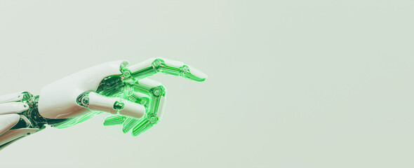 Futuristic robotic hand with neon green circuitry on light background. Advanced technology and AI innovation banner with copy space