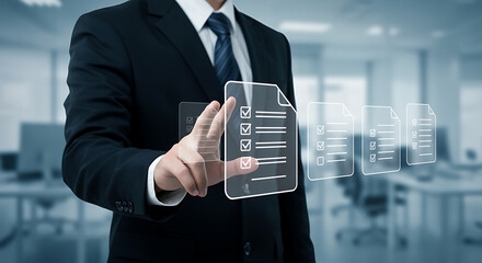 A businessman interacts with a virtual checklist, symbolizing task management and digital workflow in a modern office environment