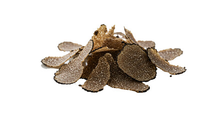 Fototapeta premium A close up shot of a pile of thinly sliced black truffles on a black background in studio lighting on transparent background