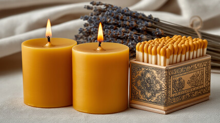 Beeswax Candles, Lavender, And Matchbox Still-Life