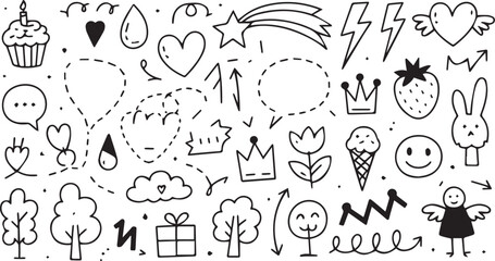 Obraz premium Assorted doodle elements including hearts crowns trees and other whimsical designs in black and white
