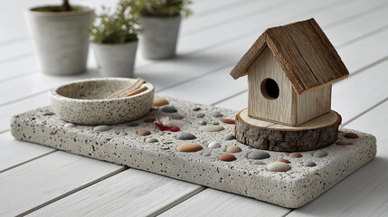 Decorative Birdhouse And Dish On Tray