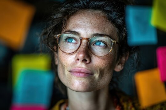Woman looks through yellow sticky notes on a wall, deep in thought about the tasks ahead and planning her goals with a determined yet hopeful expression