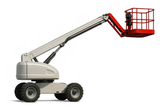 Cherry picker extending its articulated arm with basket on transparent background